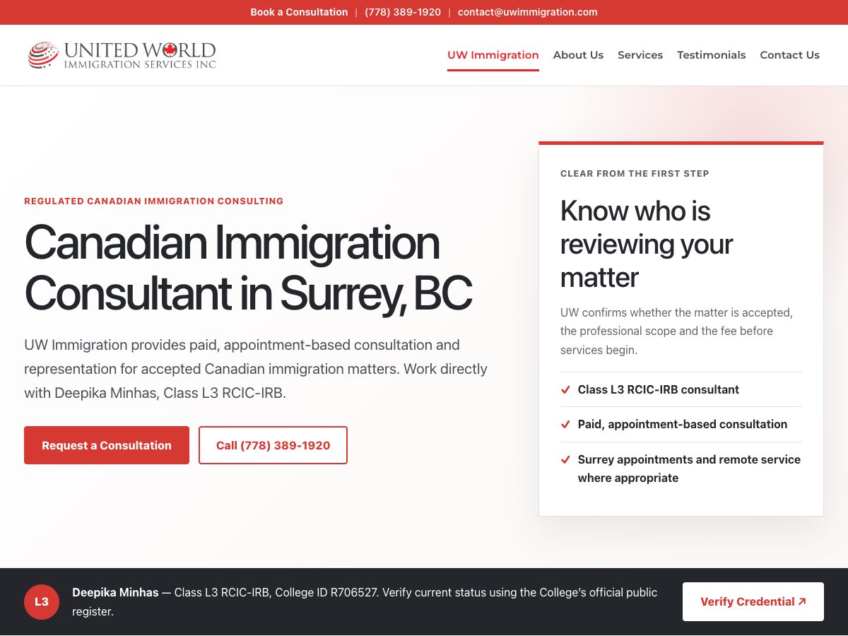 UW Immigration homepage showing its service positioning and consultation action