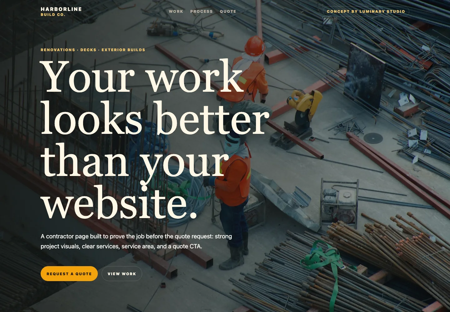 Fictional Harborline contractor website concept with project proof and a clear quote button