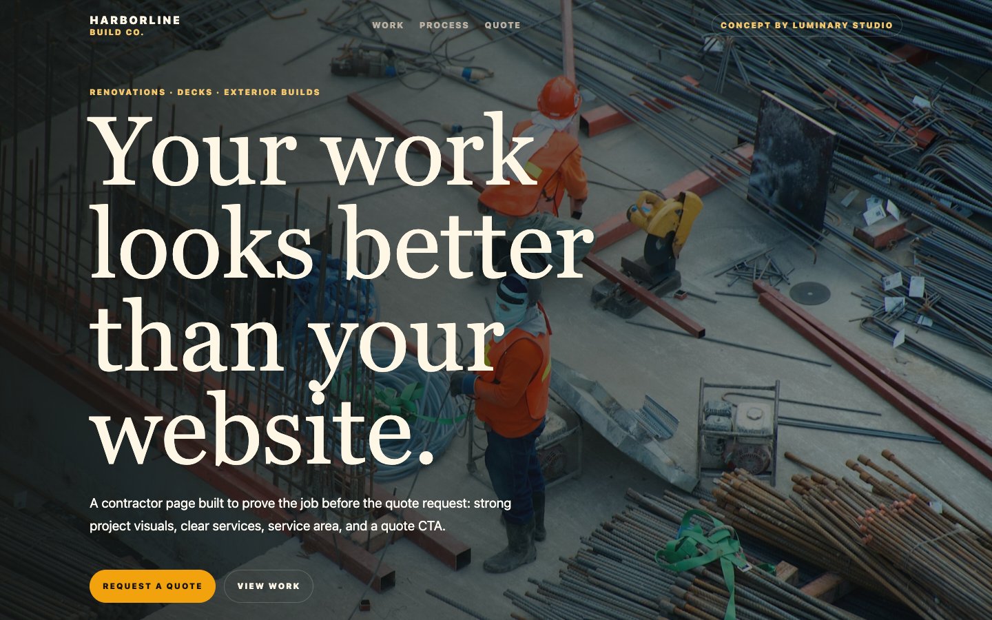 Fictional Harborline contractor website concept with project proof and a clear quote button